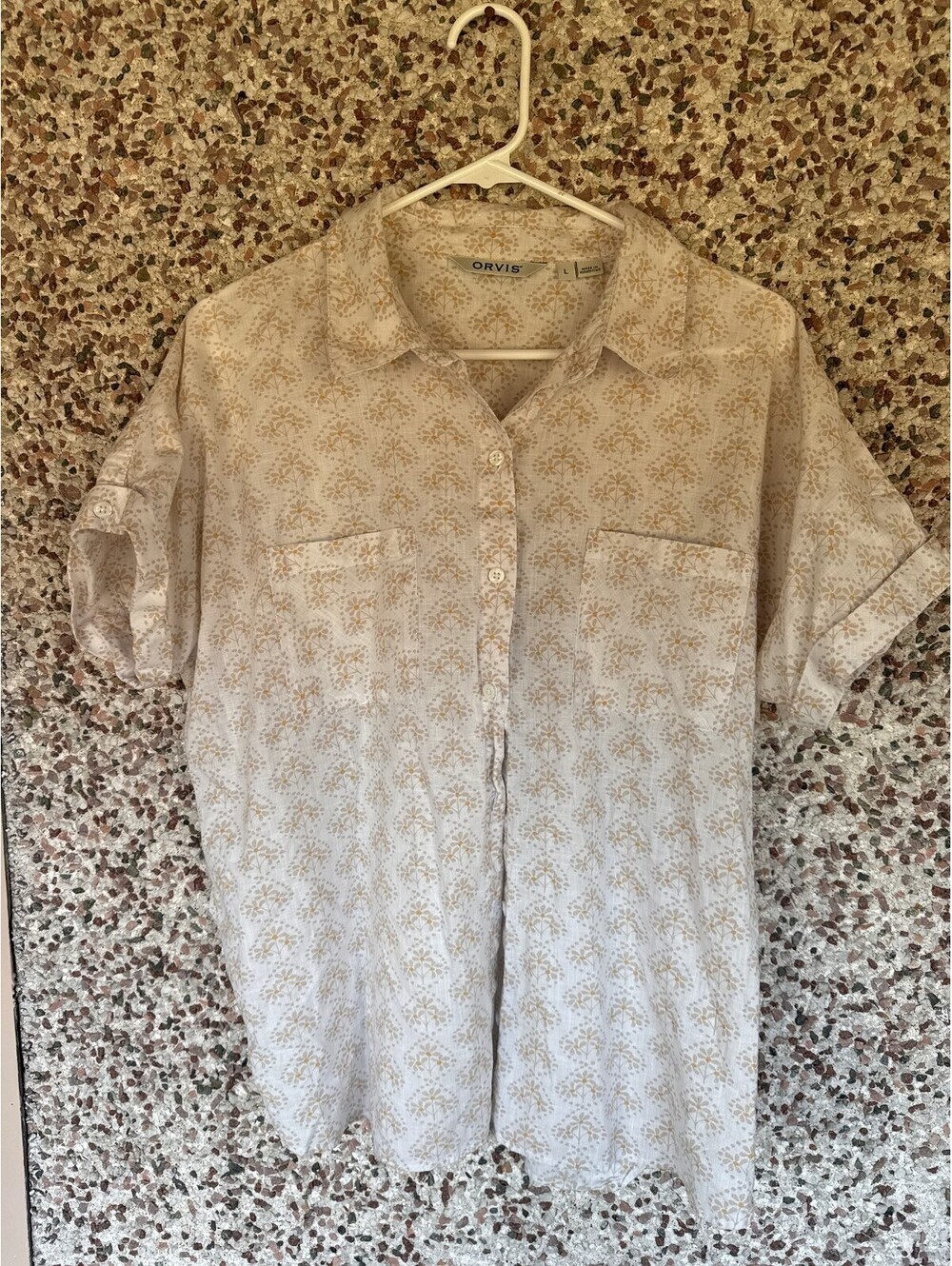 Orvis Womens L Cream Floral Button Down Shirt Roll Tab Sleeve Cotto